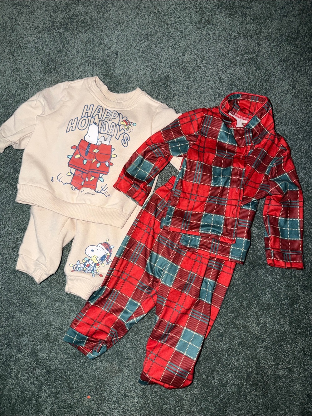 Boys Holiday Snoopy Sweat Set + Red Plaid Pajama Set